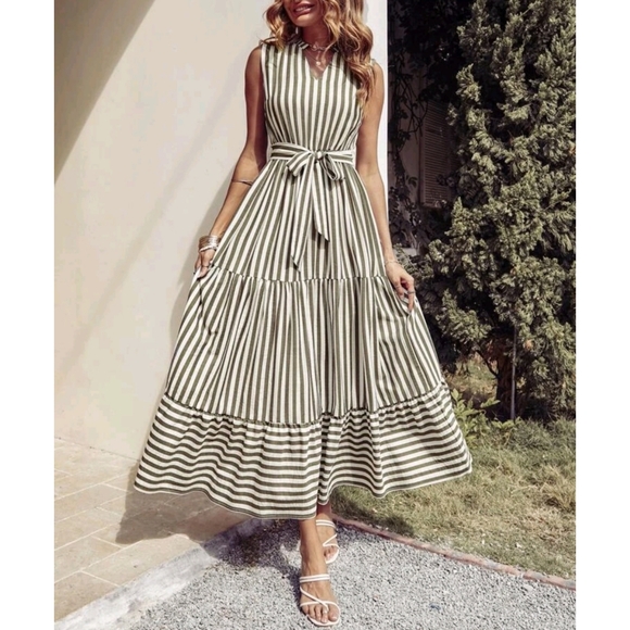 VIVA BOUTIQUE Dresses & Skirts - 🔥FINAL SALE🔥Striped Ruffle Hem Notched Neck Belted Dress